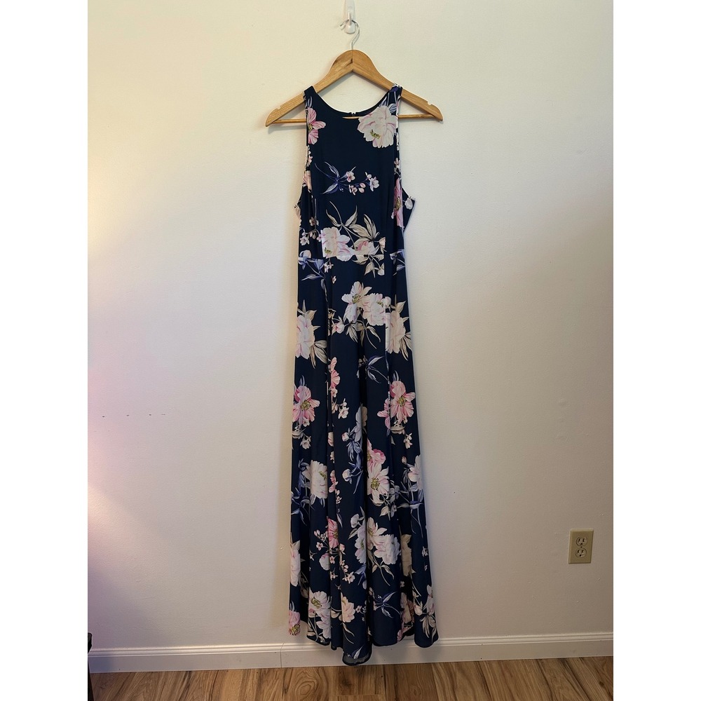 Yumi Kim Navy Blue Floral 100% Silk Maxi Dress | Size Medium